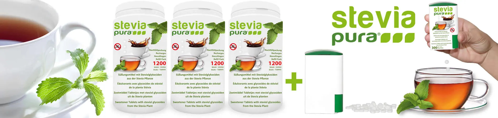 Stevia sweetener tablets 3x1200 and dispenser steviapura_EN