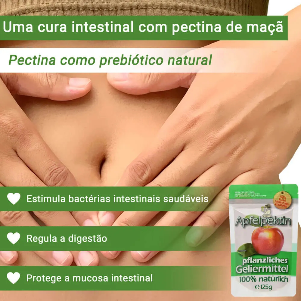 Pectina de maçã como suplemento de fibra dietética para curas intestinais e redução de peso.