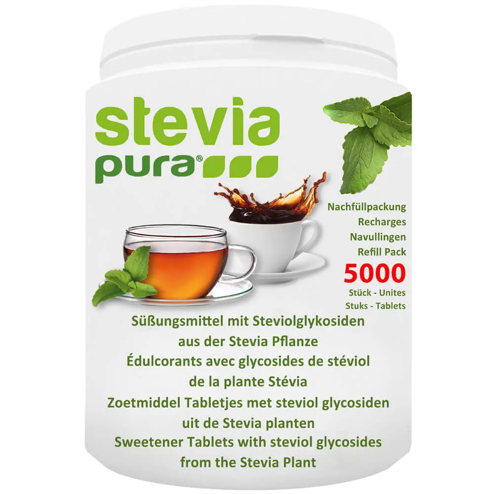 Compresse di dolcificante Stevia disponibili in una pratica confezione di ricarica.