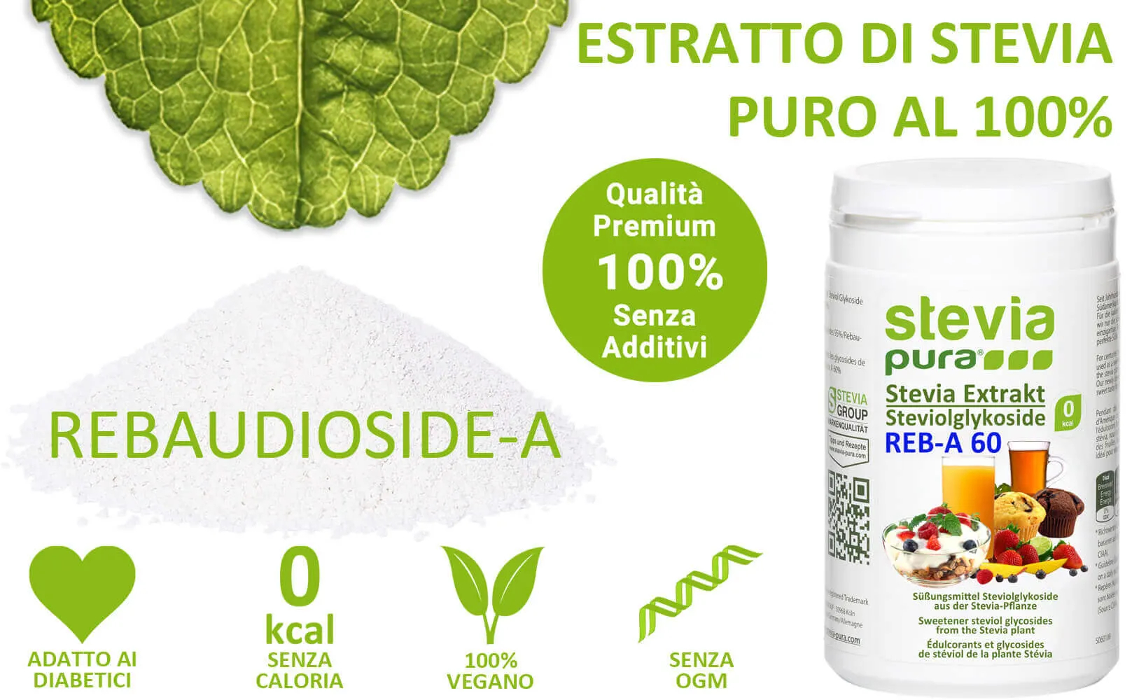 Comprare Polvere di Stevia pura con Estratto Rebaudioside-A al 60%.