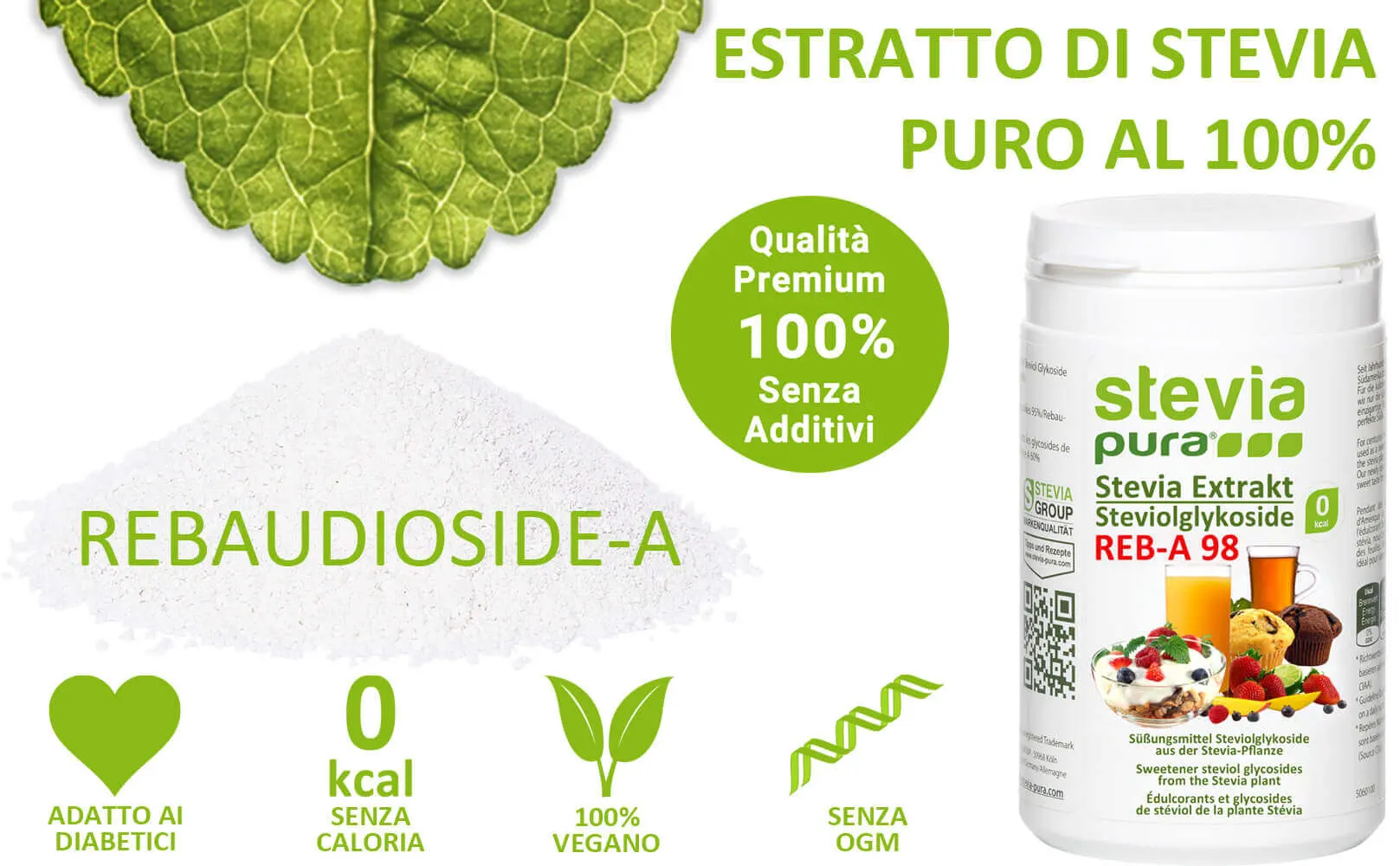 Acquista il Rebaudioside-A al 98% sotto forma di Estratto puro di Stevia in Polvere.