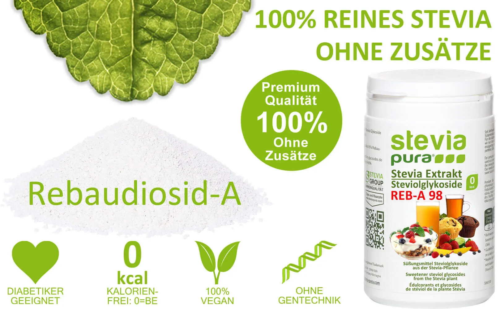 Erwerben Sie reines Stevia-Extrakt-Pulver mit Rebaudiosid-A in einer Konzentration von 98%