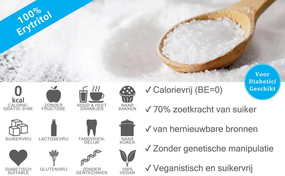 Erythritol valt onder de suikeralcoholen en dient als suikervervanger. Het beschikt over ongeveer 60-70 procent van de zoetkracht van suiker.