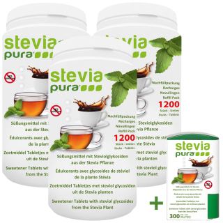 3x1.200 + 300 Stevia em Comprimidos Adoçante | Recarga | Pastilhas de Stevia + Doseador
